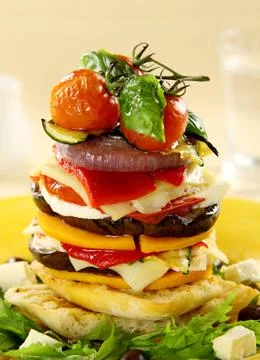 Vegetarian Stack Assorted vegetables including cherry tomato, eggplant, on... 스톡 사진