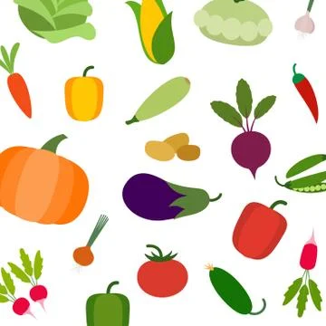 Vegetarian vector pattern with carrot, tomato, radish and eggplant, corn, squash 스톡 일러스트