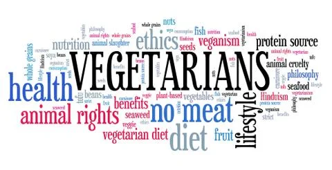 Vegetarians - diet and ethics concept. Word cloud sign. Illustrazione stock
