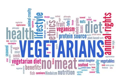 Vegetarians - diet and ethics concept. Word cloud sign. Illustrazione stock