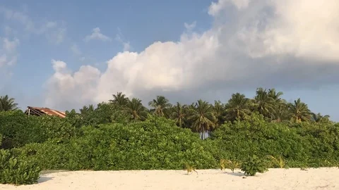 Vegetation, blue sky, cloud and beach seen from the water in Dhiffushi, Maldives Stock Footage 80023094