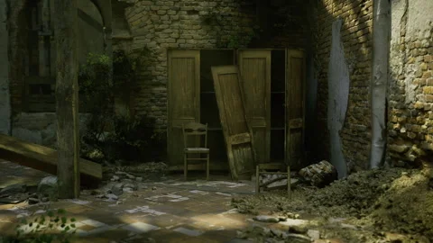 Vegetation overtakes remains of decayed building structure carefully Stock Footage 341818953