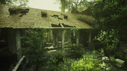 Vegetation overtaking abandoned villa with fallen structures and lush foliage Stock Footage 335595627