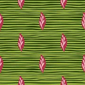 Vegetation seamless pattern with pink herbal leaves elements. Green striped b Stock Illustration