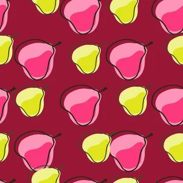 Vegeterian seamless pattern with bright yellow and pink contoured pears ornam Stock Illustration