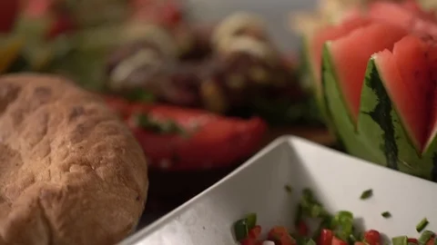 Veggie Salad, Bread and Meatloaf Pan HD Stock Footage 88599381