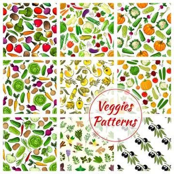 Veggies, spices, herbs vegetables patterns set Stock Illustration