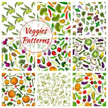Veggies vector seamless patterns set of vegetables Illustrazione stock