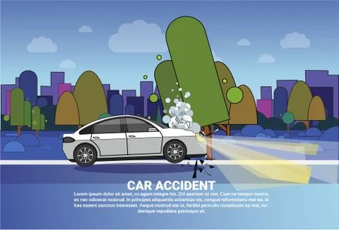 Vehicle Accident Concept Broken Car On Road At Night Over City Background With Ilustração Stock