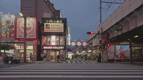 Vehicle Crossing Intersection Beside Ameyoko Neon Sign and Brand Collect Store Stock Footage 336673701