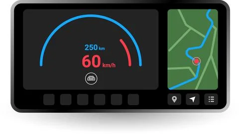 Vehicle Dashboard UI with Speedometer and Navigation Map Stock Illustration