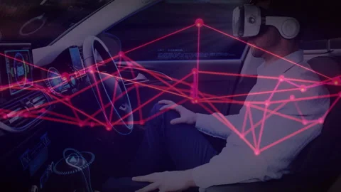 Vehicle driver wearing VR headset powering network overlay, adjusting nodes Stock Footage 313329671