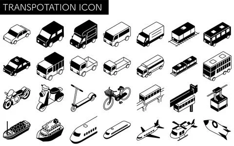 Vehicle icon set, set of simple and cute isometric black and white line dra.. Stock Illustration