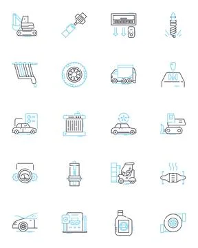 Vehicle linear icons set. Acceleration, Aerodynamics, Agility, Alternator, Axles Stock Illustration