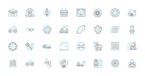 Vehicle linear icons set. Acceleration, Aerodynamics, Agility, Alternator, Axles Stock Illustration