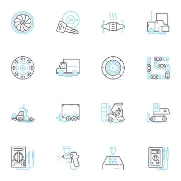 Vehicle linear icons set. Acceleration, Aerodynamics, Agility, Alternator, Axles Stock Illustration