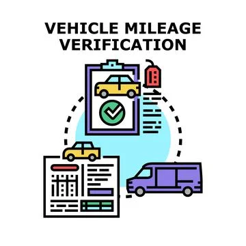 Vehicle mileage verification process examining odometer data Stock Illustration