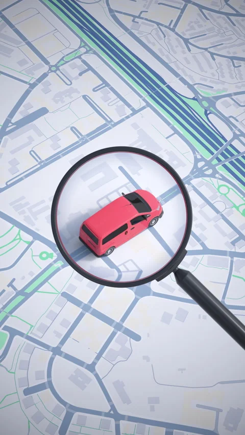 Vehicle moving across a 2D map followed by a magnifying glass. Vídeos de archivo 336394401
