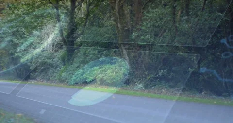 Vehicle moving forward left causing reflections shifting, revealing road, trees, Stock Footage 333963228