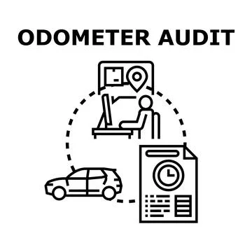 Vehicle odometer audit concept with car and document Illustrazione stock