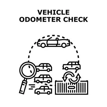 Vehicle odometer check analyzing used car mileage history Illustrazione stock