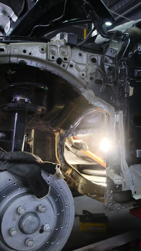 Vehicle with outer panels removed stands in service center hall Video stock 317652555