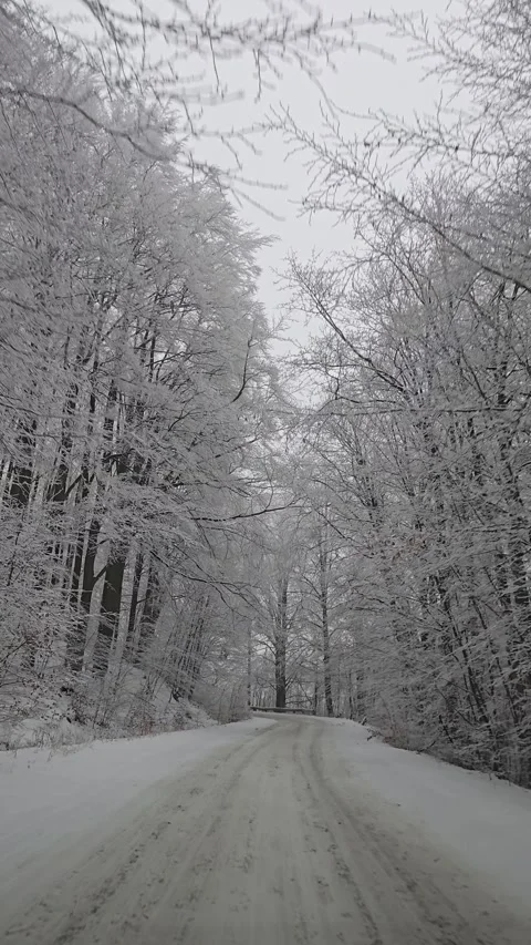 Vehicle passes through winter mountain landscape on a winding road covered .. Stock Footage 328163619