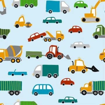 Vehicle pattern design with several machines - funny seamless pattern. Illustrazione stock