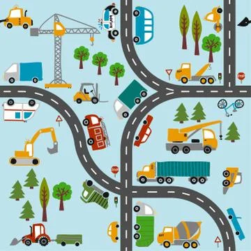 Vehicle pattern design with several machines - funny seamless pattern. Stock Illustration