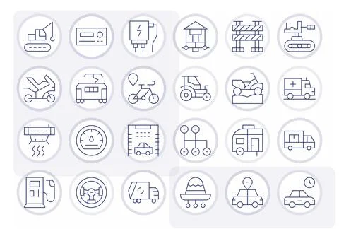 Vehicle Pixel Optimized Vector Set with 24 High Resolution Thin Line Icons Stock Illustration