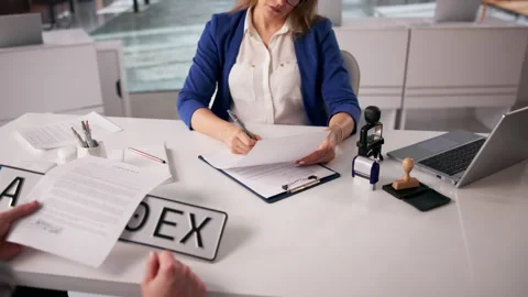 Vehicle Registration Clerk Gives Documents Stock Footage 331155893