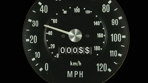 Vehicle speedometer. Animation of rising transport fuel costs in dollars.. Stock Footage