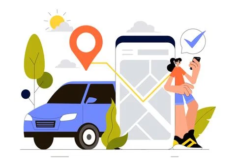 Vehicle Tracking Vector Illustration Featuring Workers Loading Products, Sm.. Stock Illustration
