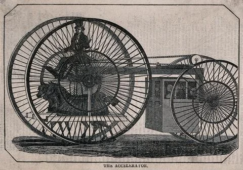 A vehicle with two large and two small wheels and a man sitting between the.. イラスト素材
