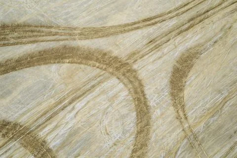 Vehicle Tyre Tracks Form Abstract Pattern Overhead Salt Flats Stock Photos