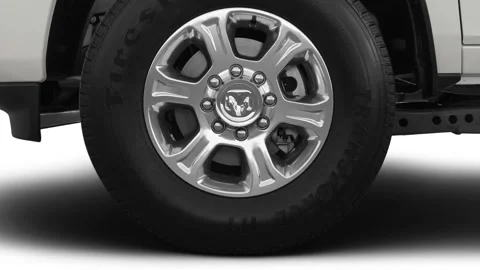 Vehicle wheel close up side view Bright White Clear Coat 2019 RAM 3500 Big Horn Stock Footage 160066790