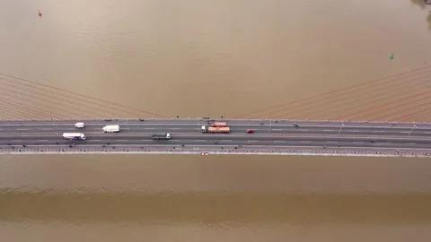 Vehicles are moving on the longest cable-stayed bridge in Vietnam Stock Footage 167053077