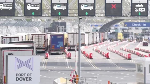 Vehicles arrive at the Port of Dover in Kent as the summer getaway begins Stock Footage 339886154