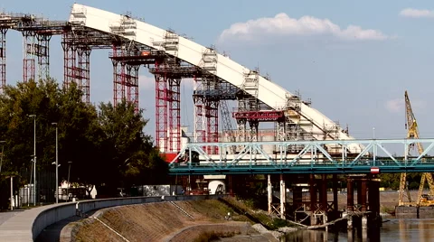Vehicles crossing the bridge during reconstruction Stock Footage 57061482