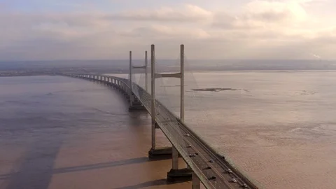 Vehicles Crossing the Second Severn Bridge Between England and Wales Aerial View Stock Footage 122349644