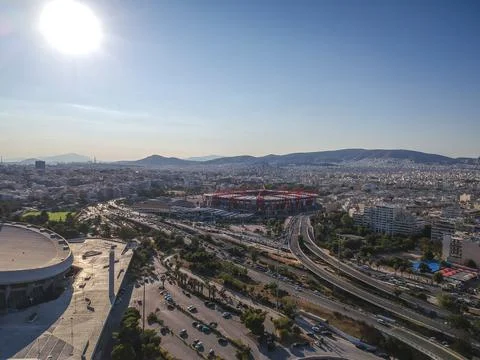 Vehicles elevating one of the most complex roads in Athens, the famous road j Stock Photos