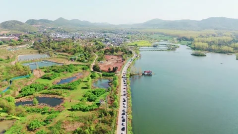 Vehicles line up into the countryside Stock Footage 233340900