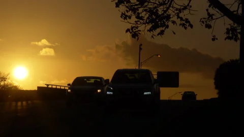 Vehicles Pass Over Turnpike Overpass at Sunset Stock Footage 202751007