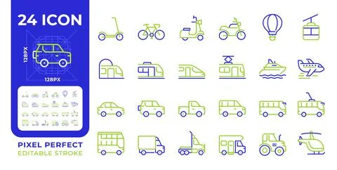 Vehicles pixel perfect two color two color line icons set 库存插图