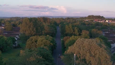 Vehicles on Quiet Tree Lined Road at Dusk with Headlights Illuminated Stock Footage 342294164