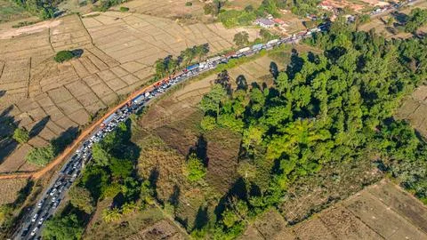Vehicles Stuck in Long Queue at River Bridge Accident Scene Stock Photos