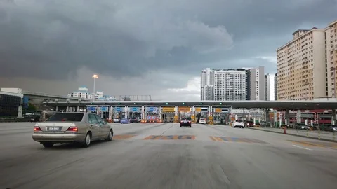 Vehicles through the toll plaza with sensor electronic payment method Stock Footage 127947434