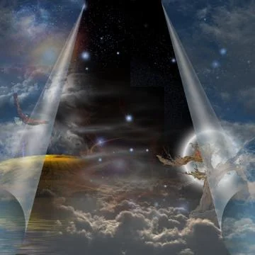Veil of sky pulled open to reveal other Stock Illustration