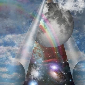 Veil of sky Veil of sky pulled open to reveal other space. 3D rendering. C... Stock Photos