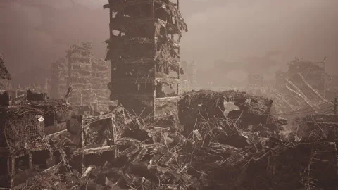 Veiled silhouette of broken city lost within dense dust cloud Stock Footage 339628798